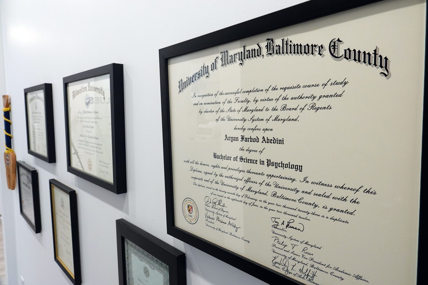 Dr. Abedini's degrees on the wall at Love Dental